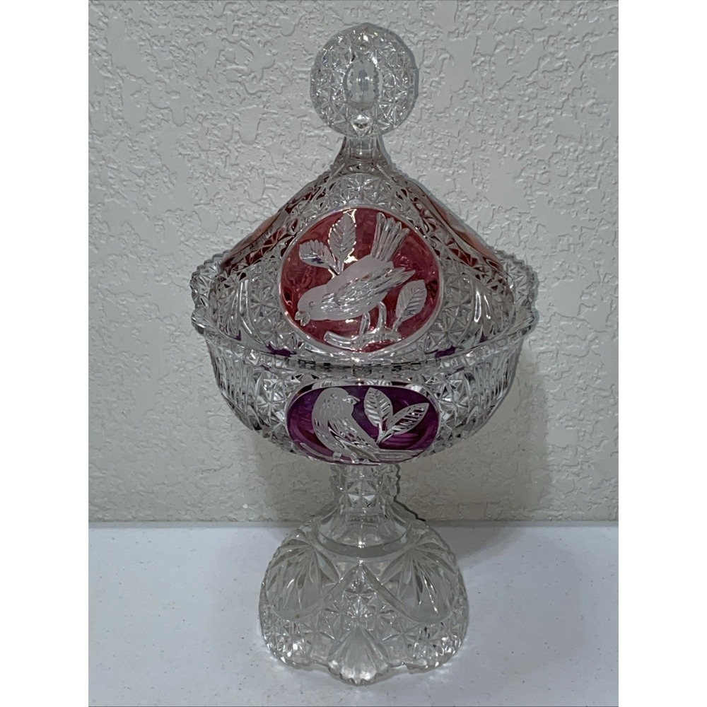VTG HOFBAUER Byrdes Lidded Jar Candy Dish Compote Ruby Birds Leaded Cut Crystal